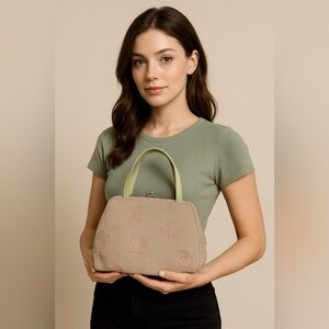 Liz Claiborne Floral Tapestry Top Handle Bag | Beige Pink Rose Pattern Purse